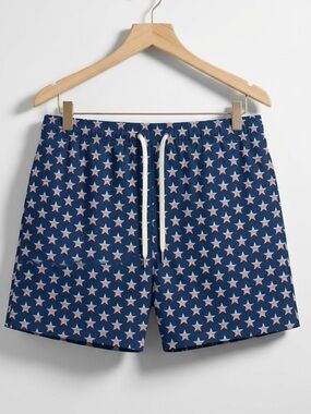 Southern Proper Navy Blue White And Red Star-Print Drawstring Swim Trunks NWT